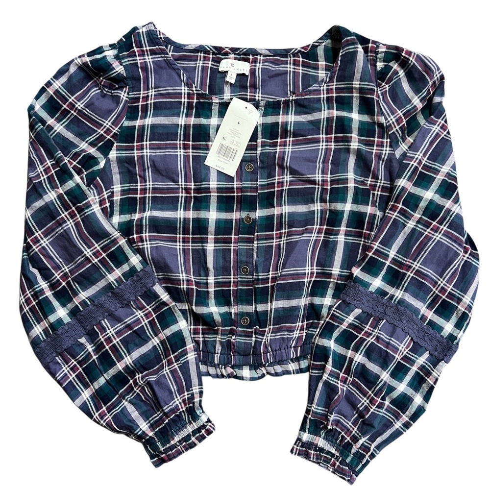 True Craft Womens Top L Plaid Long Sleeve Button‎ Up Cropped Casual Blouse